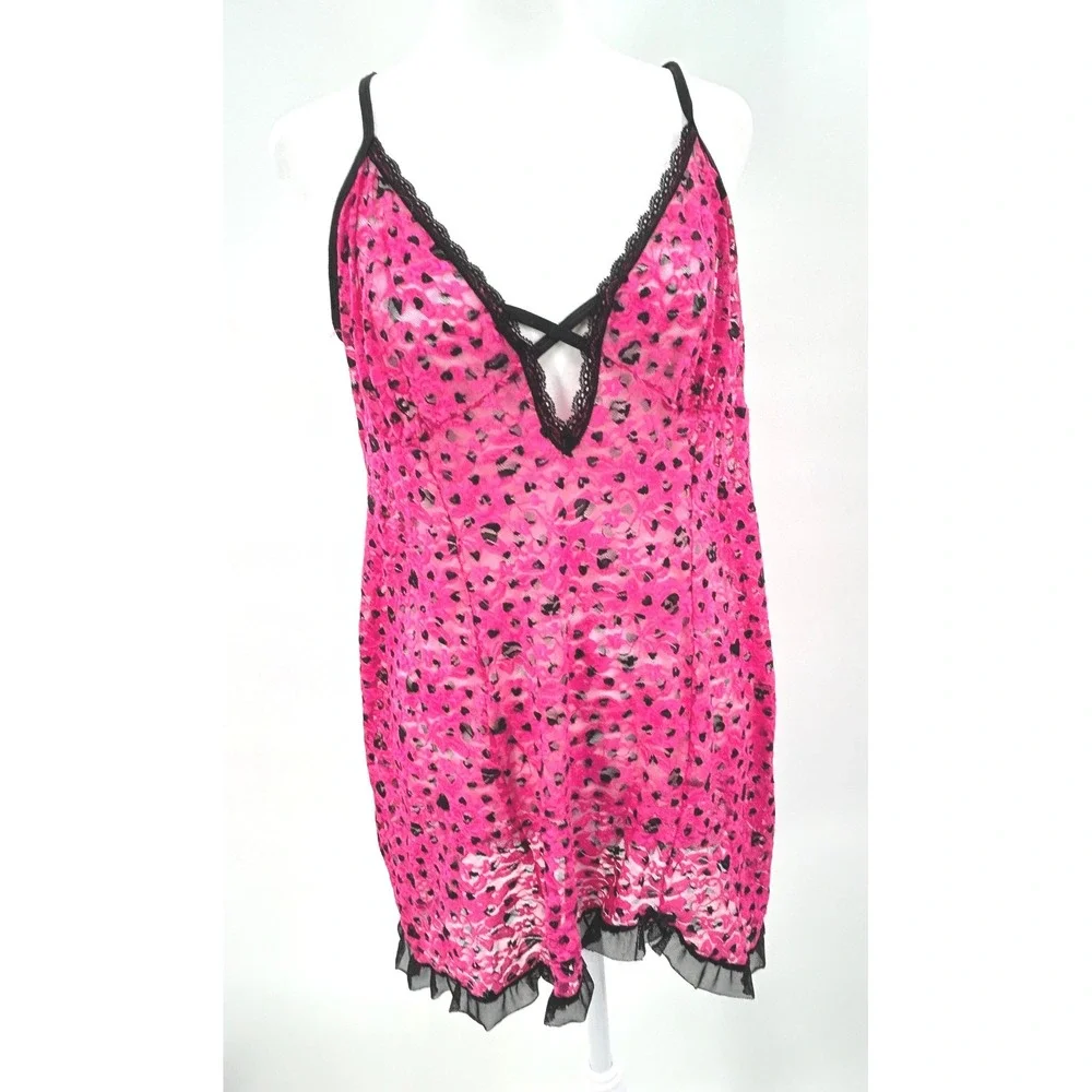 Hot Pink Heart Print Sheer Lace Layering Slip Dress Chemise Coverup Size L